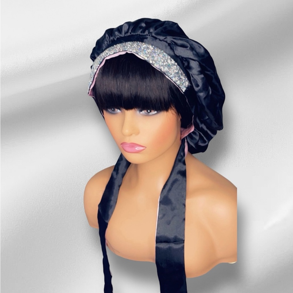 BLACK SILK BONNET .. with rhinestones !NEW